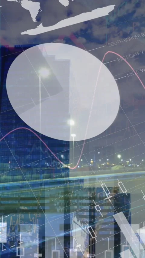 Animation of statistical data processing over city traffic at night against tall Stock Footage 343828275