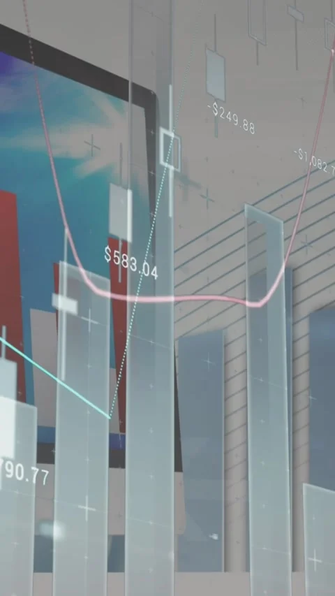 Animation of statistical data processing over computer against view of tall Stock Footage 343887897