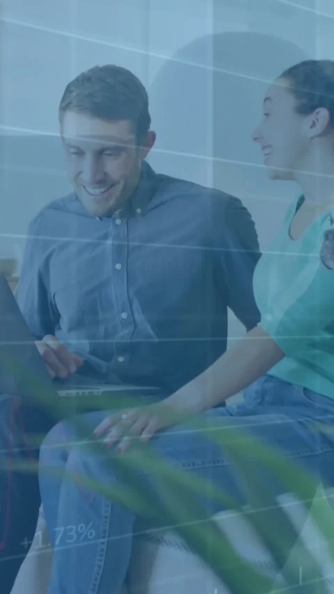 Animation of statistical data processing over caucasian couple using laptop Vídeo Stock 343902237