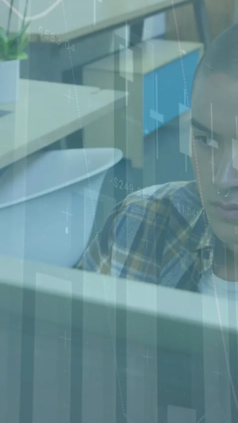 Animation of statistical data processing over man using computer at office Stock Footage 343902314