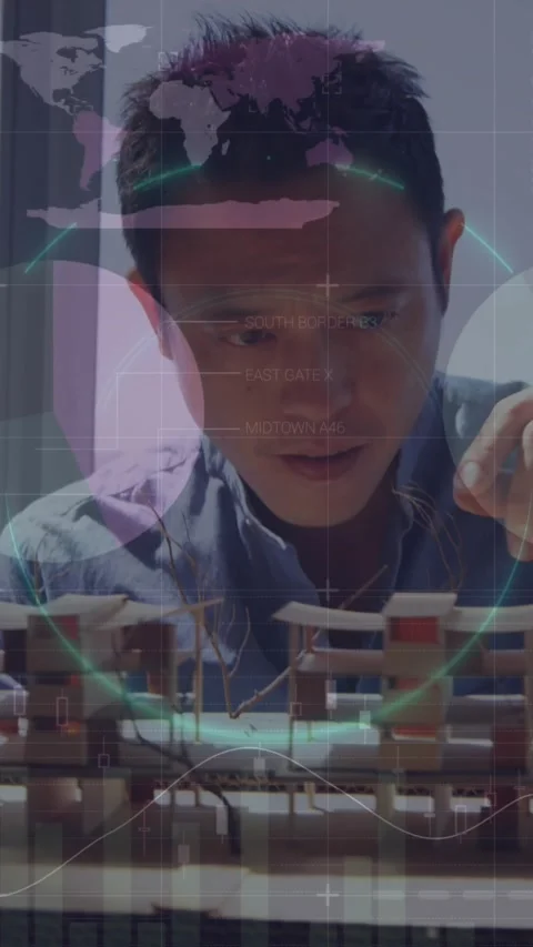 Animation of statistical data processing over asian engineer working on his Stock Footage 343995998