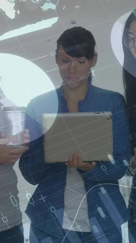 Animation of statistical data processing over three diverse women discussing Stock Footage 344525839