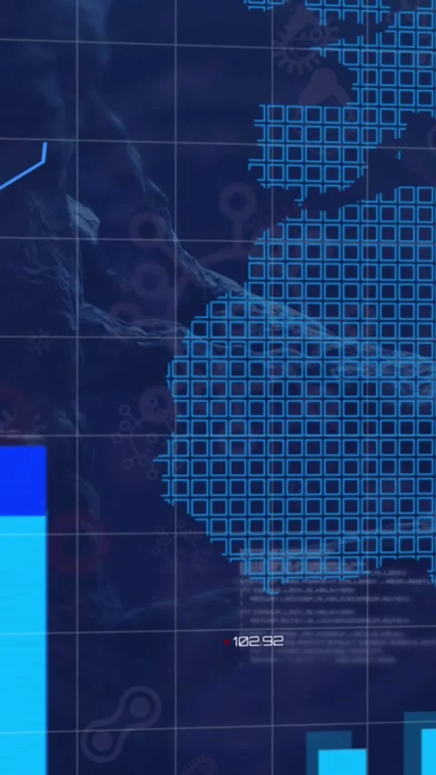 Animation of statistical data processing over spinning dna structure and Stock Footage 344556830