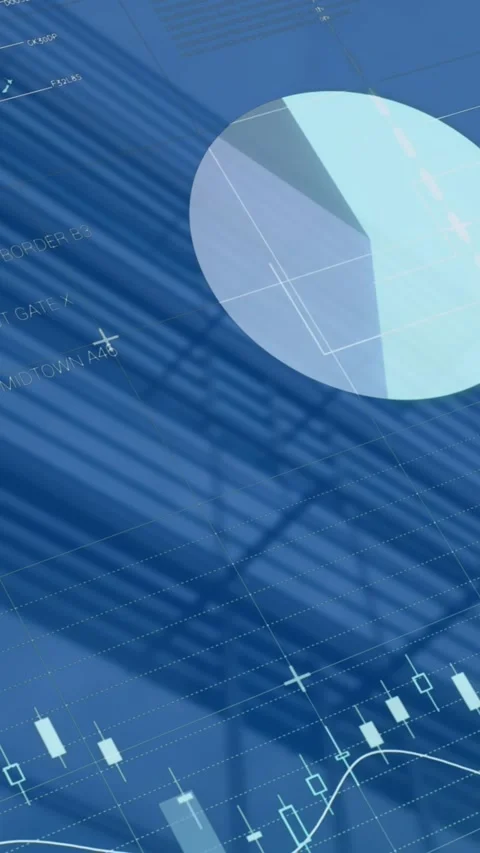 Animation of statistical data processing over grid network against tall building Stock Footage 344557349