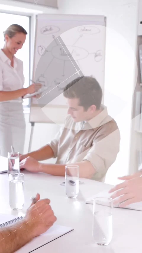 Animation of statistical data processing over caucasian businesswoman giving Stock Footage 344614347
