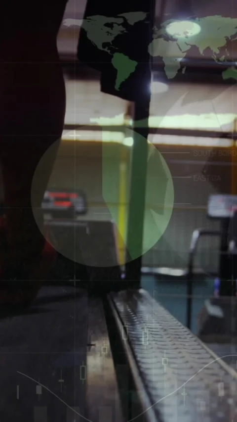 Animation of statistical data processing over low section of man running on Stock Footage 344635919