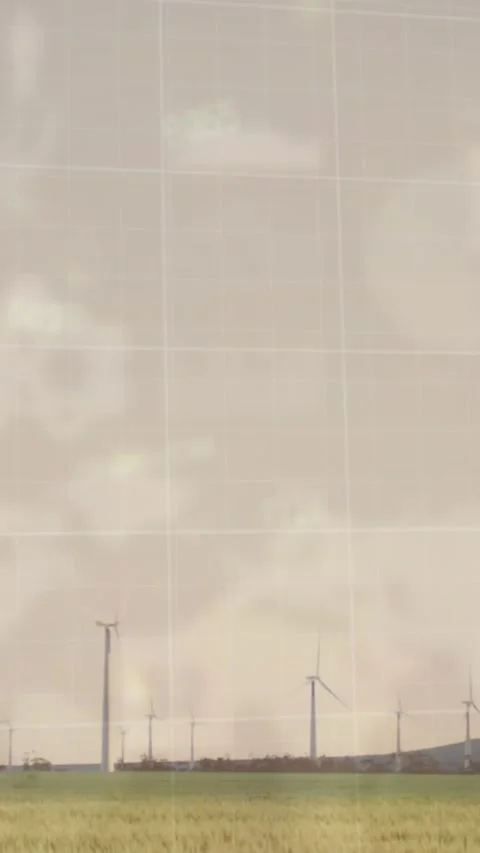 Animation of statistical data processing over spinning windmills on grassland Stock Footage 344636232