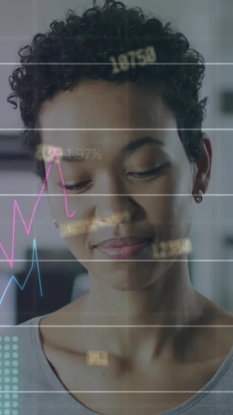 Animation of statistical data processing over portrait of african american woman Stock Footage 344636546