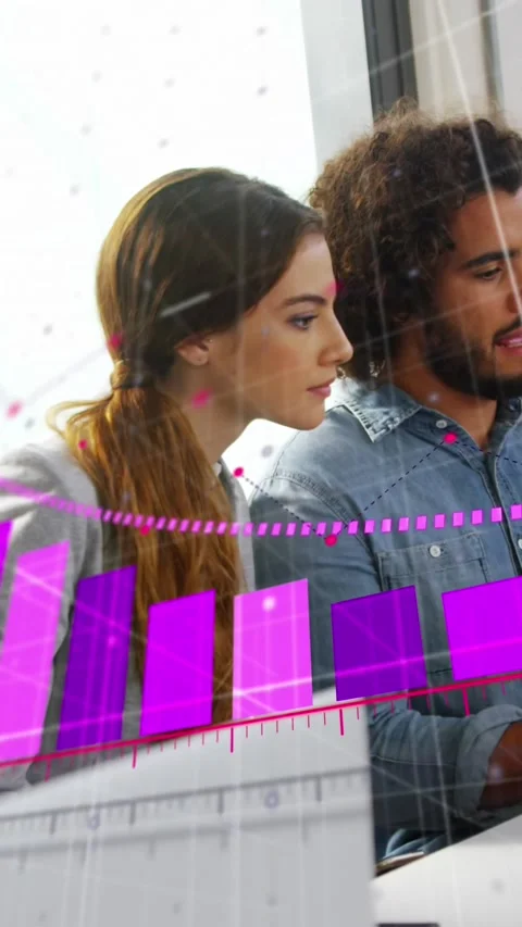 Animation of statistical data processing over diverse colleagues discussing over Stock Footage 344636581