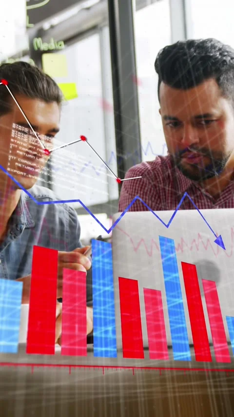 Animation of statistical data processing over diverse colleagues discussing over Stock Footage 344636582