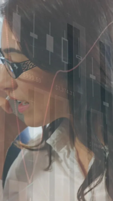 Animation of statistical data processing over businesswoman talking on Stock Footage 344636639
