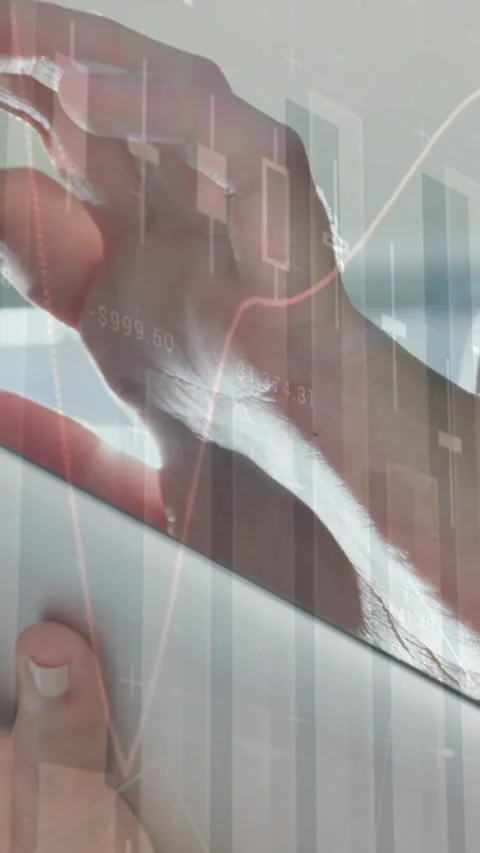 Animation of statistical data processing over mid section of a woman using Stock Footage 344636643