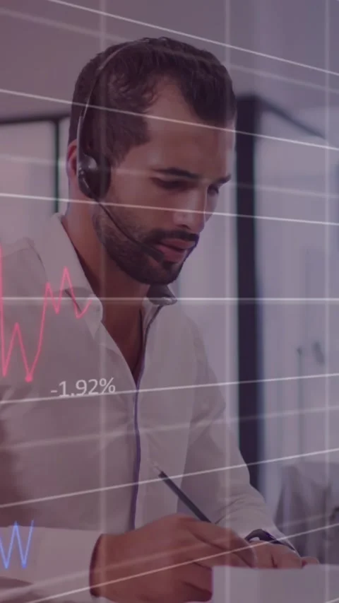 Animation of statistical data processing over man talking on phone headset and Stock Footage 344636738