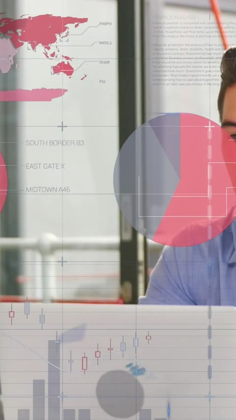 Animation of statistical data processing over caucasian man discussing with Stock Footage 344636832