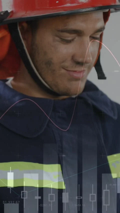 Animation of statistical data processing over caucasian fireman using digital Stock Footage 344668937