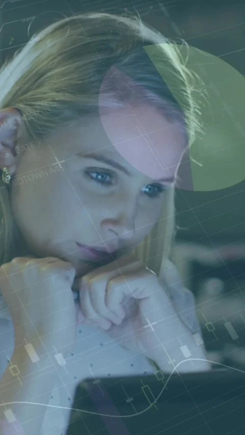 Animation of statistical data processing over thoughtful caucasian woman looking Stock Footage 344669139