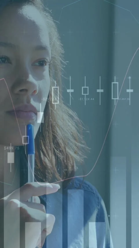 Animation of statistical data processing over thoughtful asian woman looking out Stock Footage 344678275