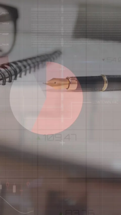 Animation of statistical data processing over close up of a pen, glasses and Stock Footage 344679093