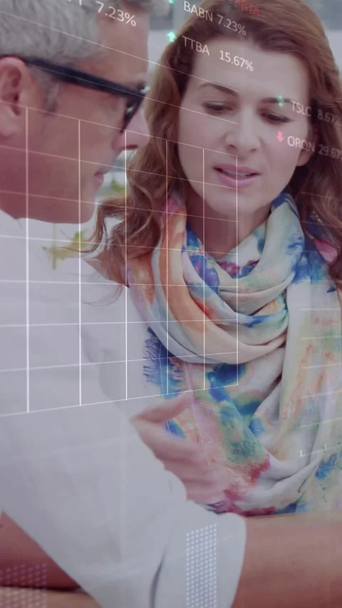 Animation of statistical data processing over diverse man and woman discussing Stock Footage 344679548