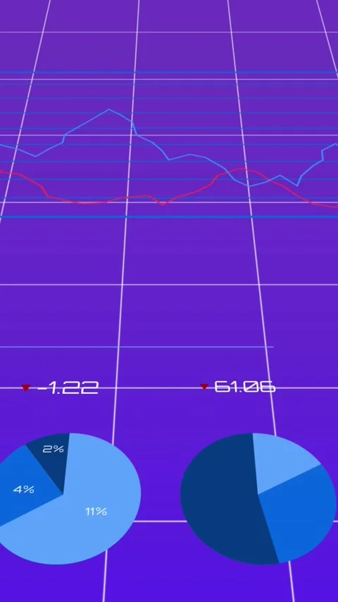 Animation of statistical data processing over grid network against purple Stock Footage 344693423