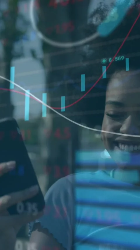 Animation of statistical data processing over african american woman taking a Stock Footage 344693658