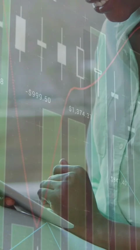 Animation of statistical data processing over african american woman using Stock Footage 344693756