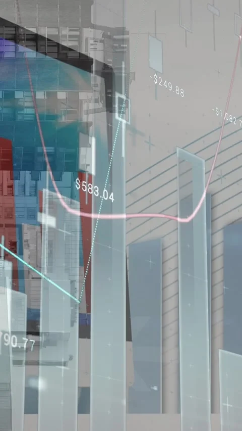 Animation of statistical data processing over computer against inverted tall Stock Footage 344722792