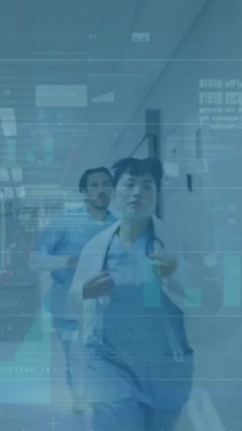 Animation of statistical data processing over team of doctors running in Stock Footage 344723200