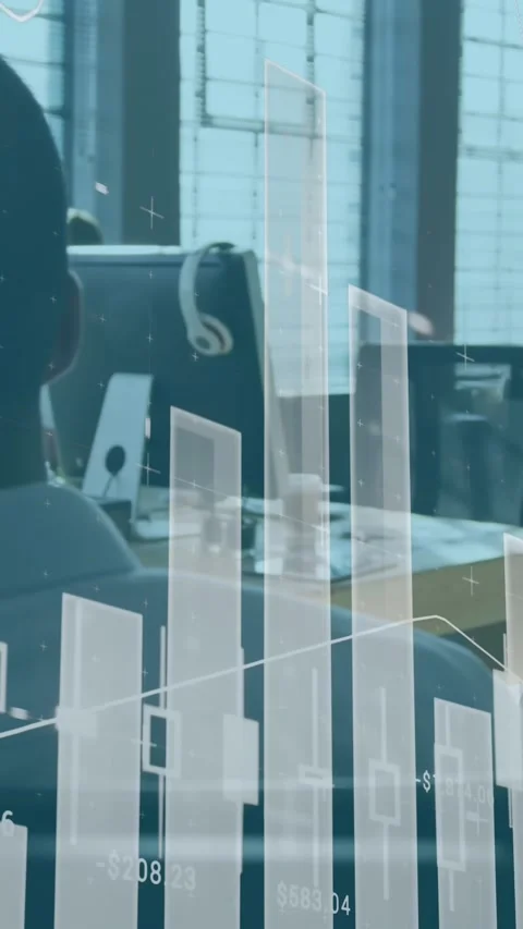 Animation of statistical data processing over rear view of man talking on Stock Footage 344723550
