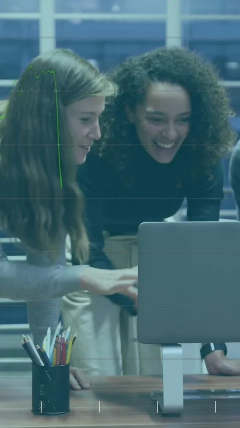 Animation of statistical data processing over diverse colleagues discussing over Stock Footage 344745707