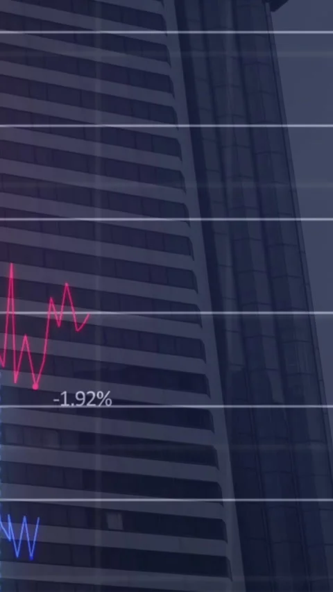 Animation of statistical data processing over grid network against view of tall Stock Footage 344745903