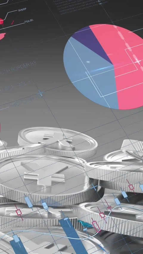 Animation of statistical data processing over stack of yen coins against grey Stock Footage 344746179