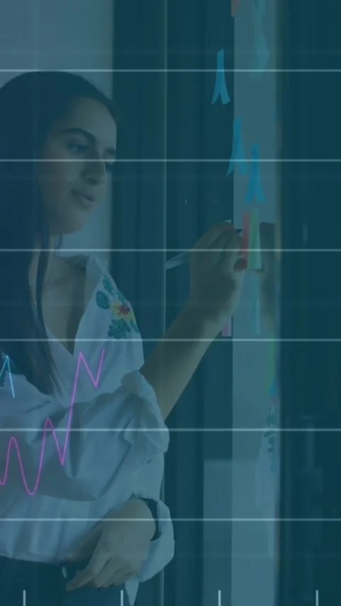 Animation of statistical data processing over two diverse women discussing on Stock Footage 344766336