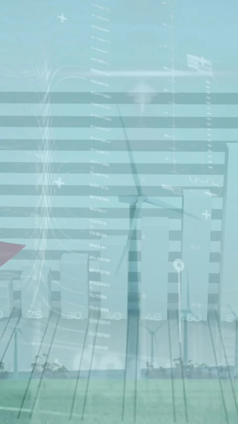 Animation of statistical data processing over spinning windmills on grassland Stock Footage 344774496