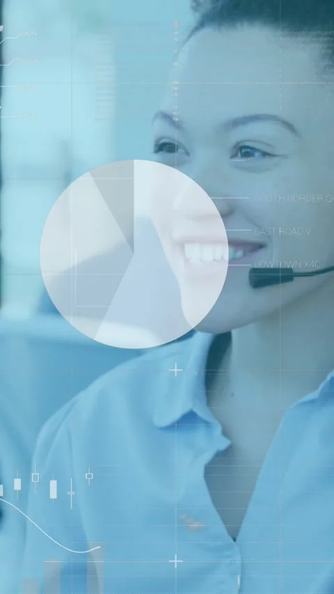 Animation of statistical data processing over woman talking on phone headset at Stock Footage 344775162
