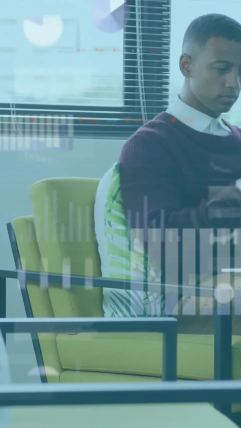 Animation of statistical data processing over thoughtful african american man Stock Footage 344775240