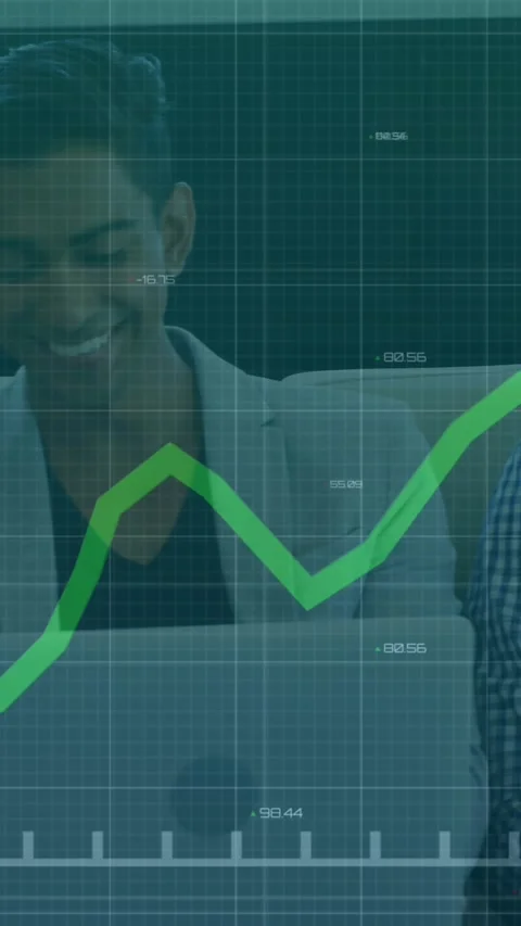 Animation of statistical data processing over diverse colleagues discussing over Stock Footage 344775292