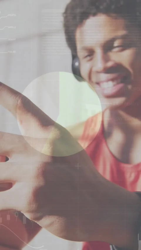 Animation of statistical data processing over happy african american man using Stock Footage 344783755