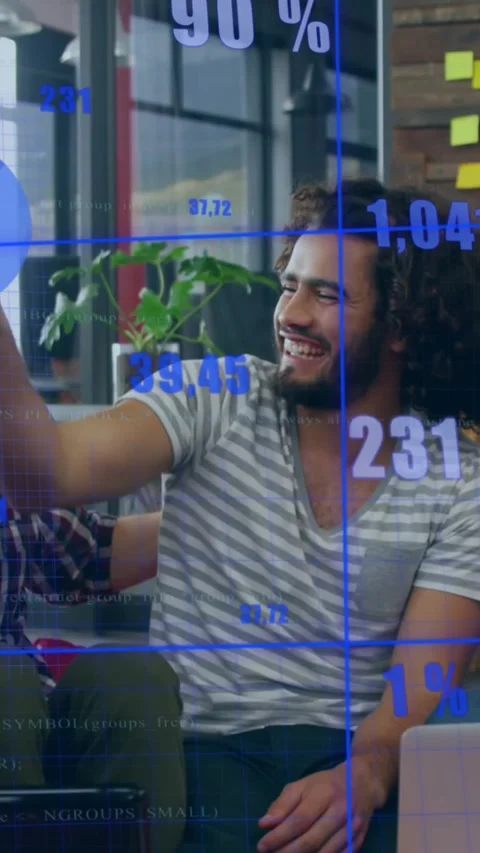 Animation of statistical data processing over diverse colleagues high fiving Stock Footage 344783780