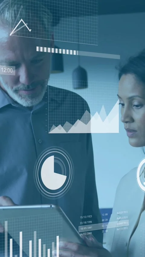 Animation of statistical data processing over diverse man and woman discussing Stock Footage 344783847