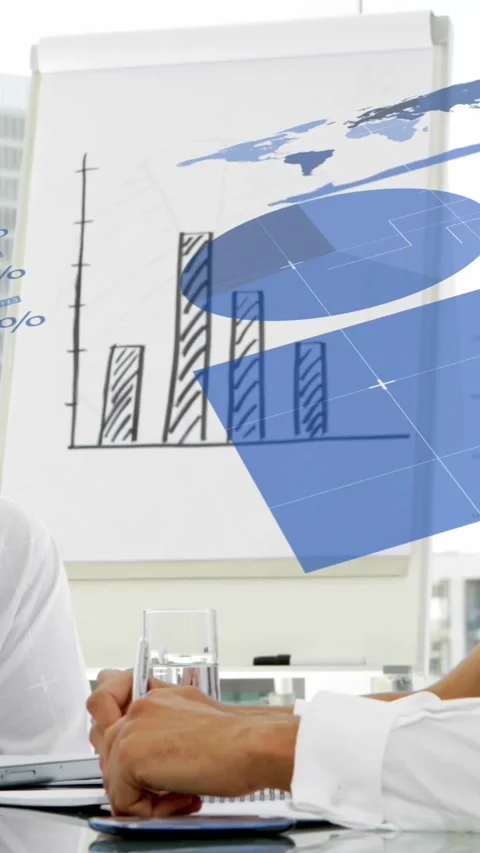 Animation of statistical data processing over diverse businesspeople discussing Stock Footage 344803109