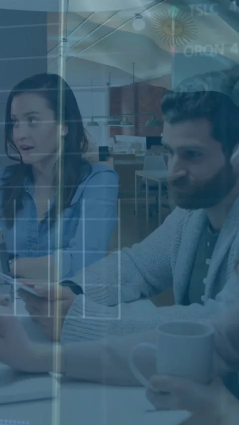 Animation of statistical, stock data processing over team of diverse colleagues Stock Footage 344706608