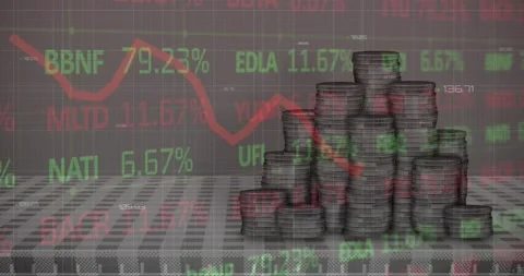 Animation of statistical, stock market data processing over stack of coins Stock Footage 255099391