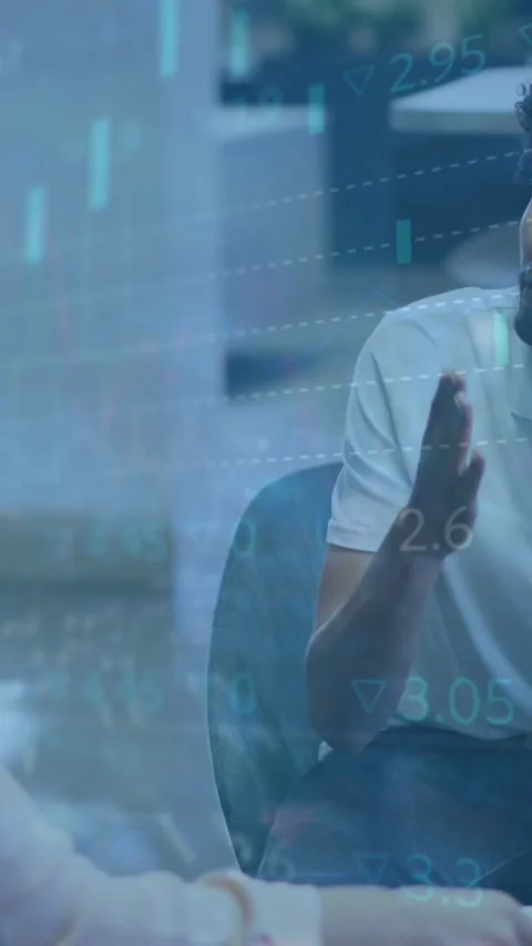 Animation of statistical, stock market data processing on diverse man and woman Stock Footage 344693688