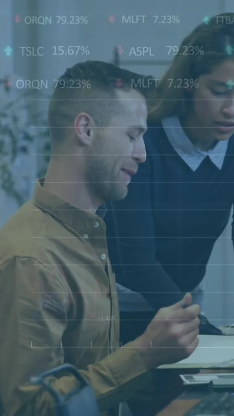 Animation of statistical, stock market data processing over diverse man woman Stock Footage 344693763