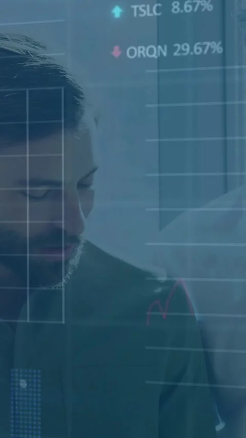 Animation of statistical, stock market data processing over diverse colleagues 스톡 동영상 344803560