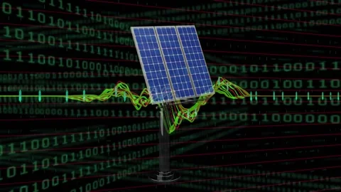 Animation of statistics and binary coding over solar panels Stock Footage 326095780