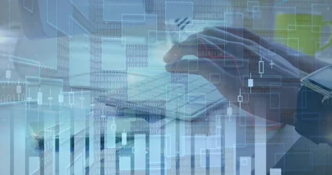 Animation of statistics and binary coding over person typing on computer Stockbeeldmateriaal 329417520