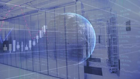 Animation of statistics and data processing and globe spinning over an empty Video stock 130136753