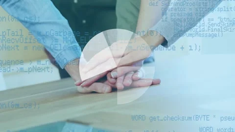 Animation of statistics and data processing over people stacking hands Stock Footage 156478733